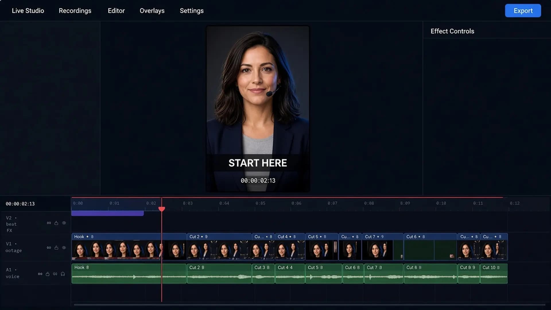 Timeline after Auto Reels — cuts, captions and FX as editable clips