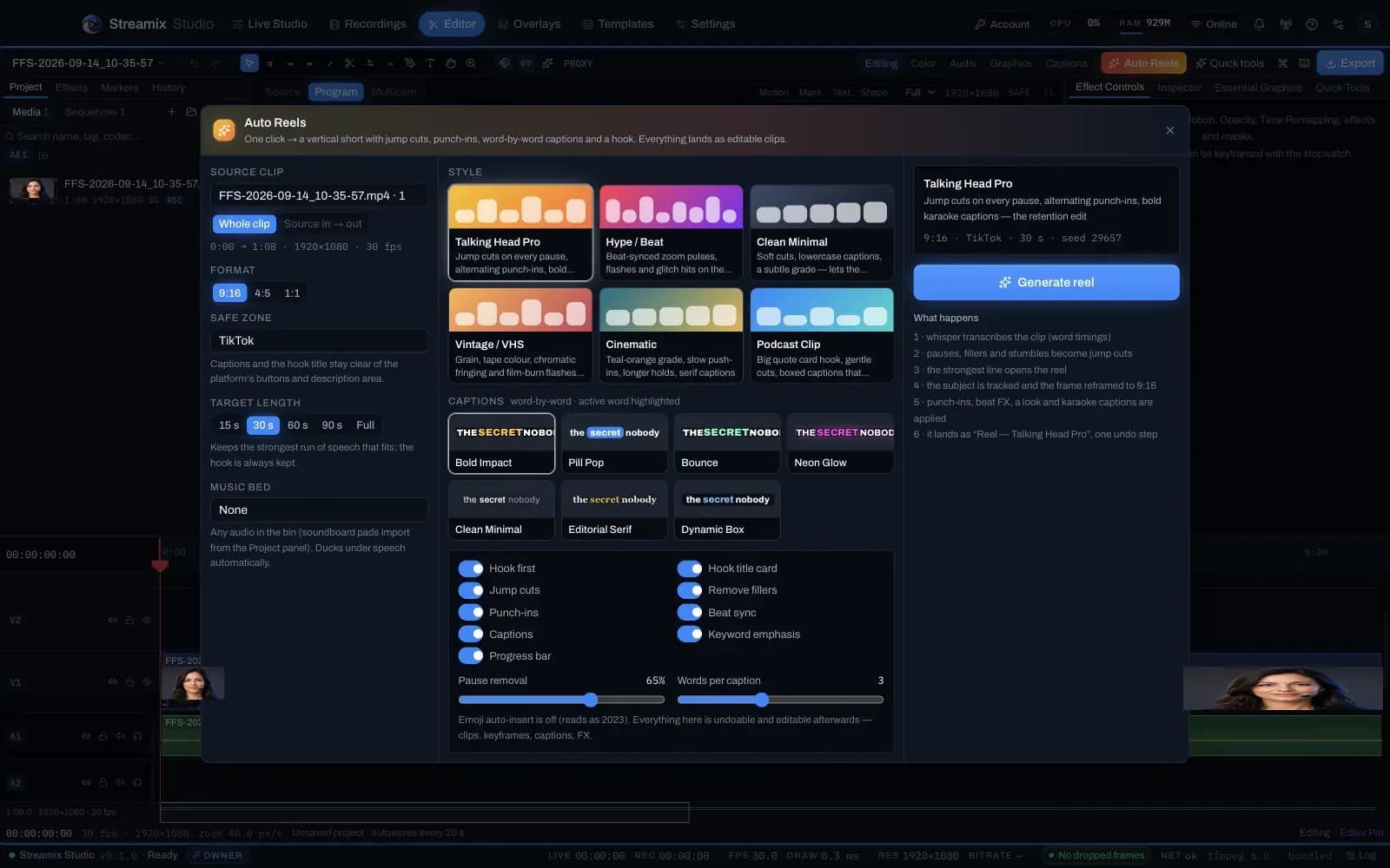 Auto Reels wizard — styles, caption looks and toggles