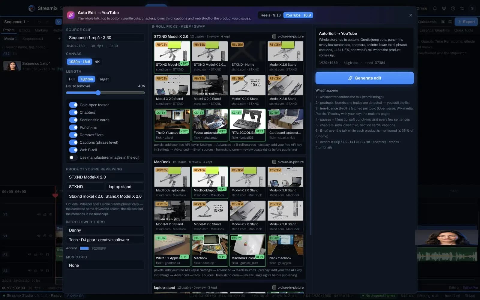 Auto Edit → YouTube wizard with B-roll picks per product