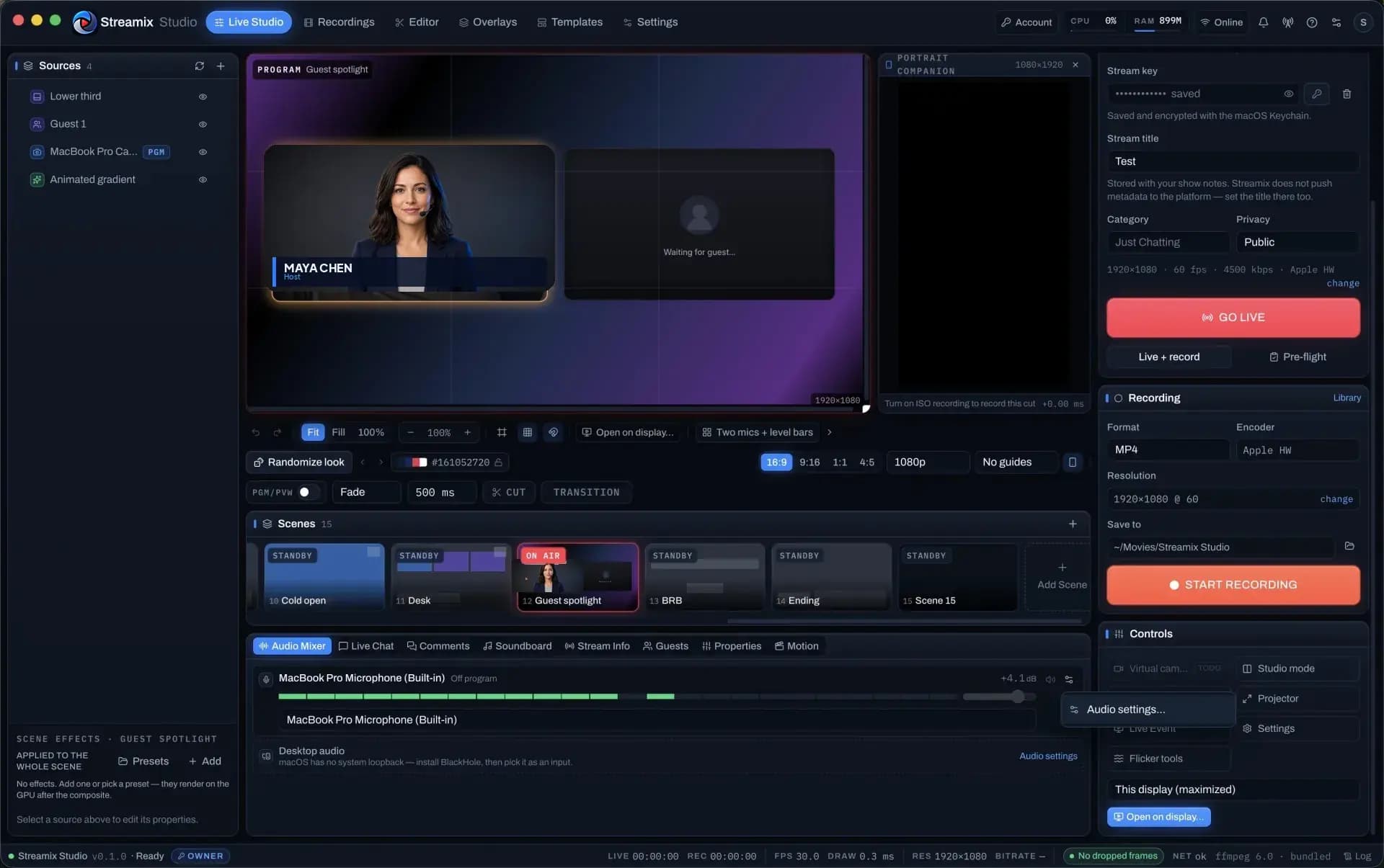 Live Studio producer desk with guest spotlight layout