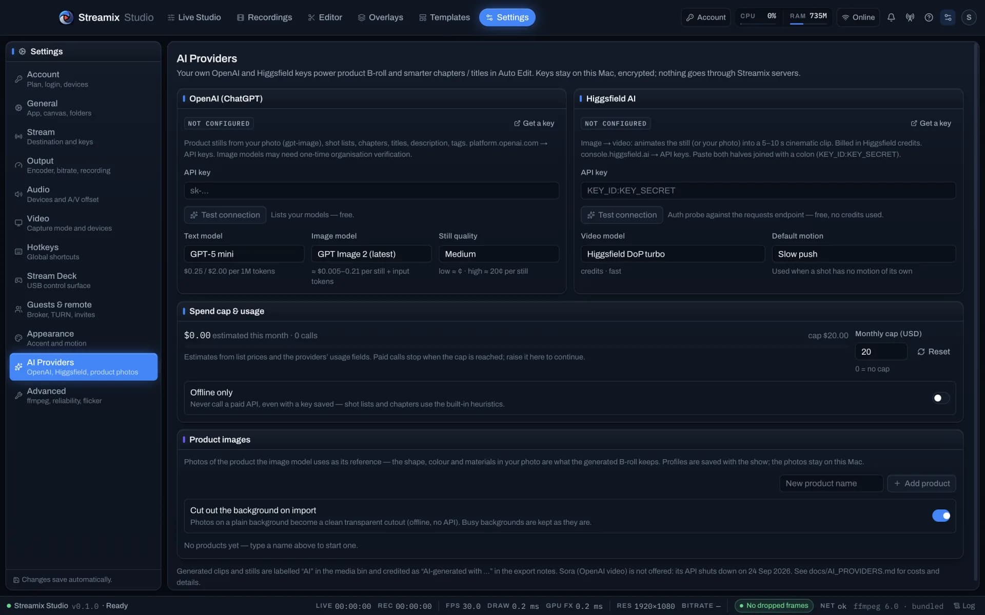Settings → AI Providers with OpenAI and Higgsfield keys