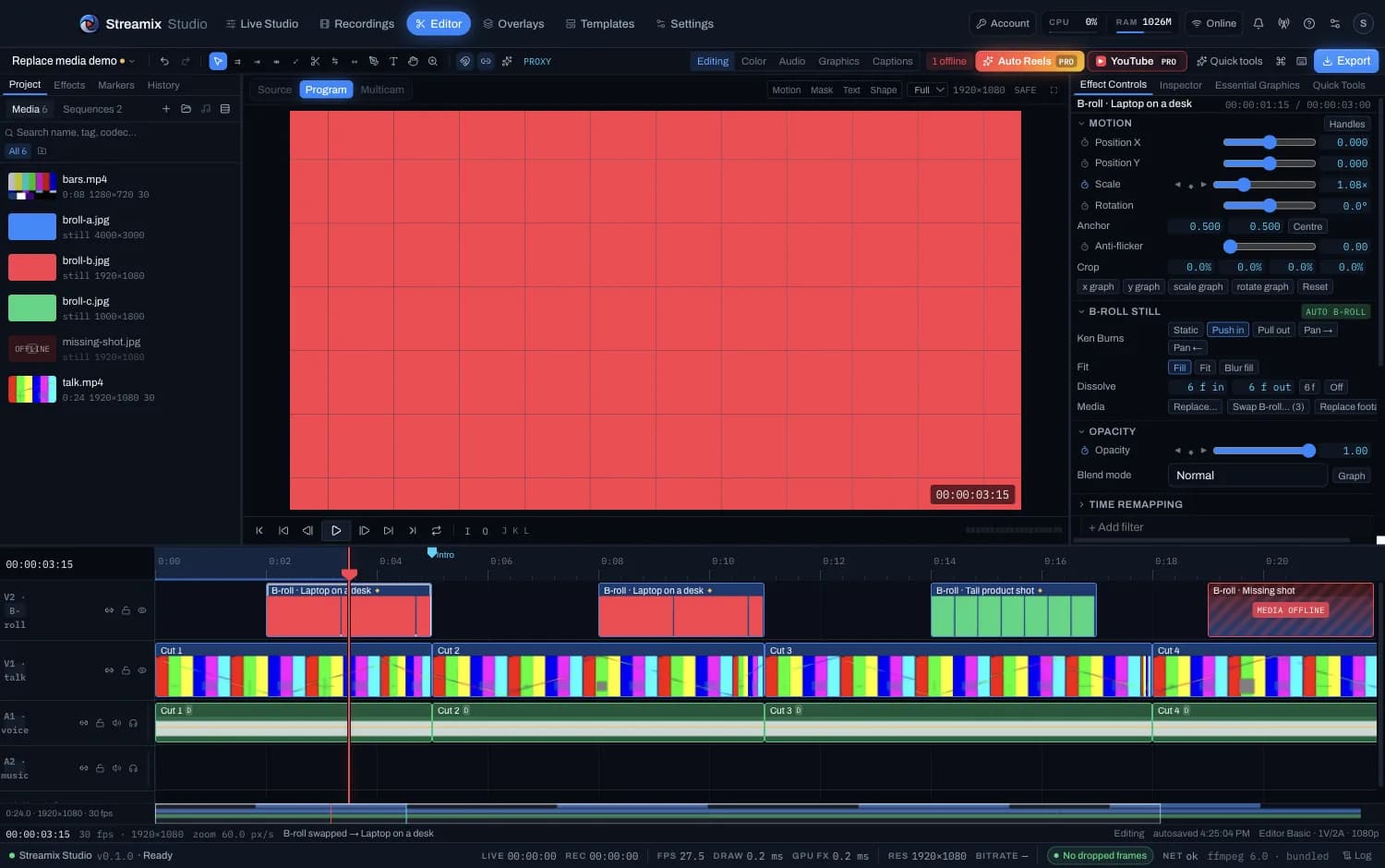 Editor timeline after swapping a B-roll clip