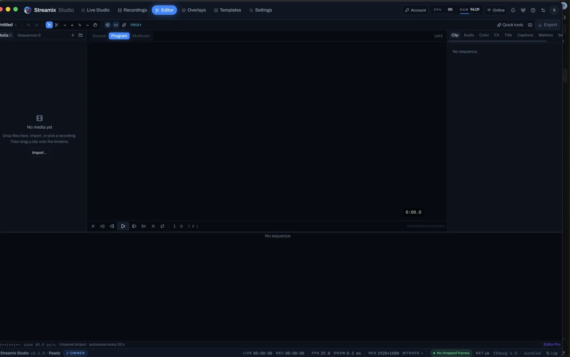 Editor timeline with media library and monitor