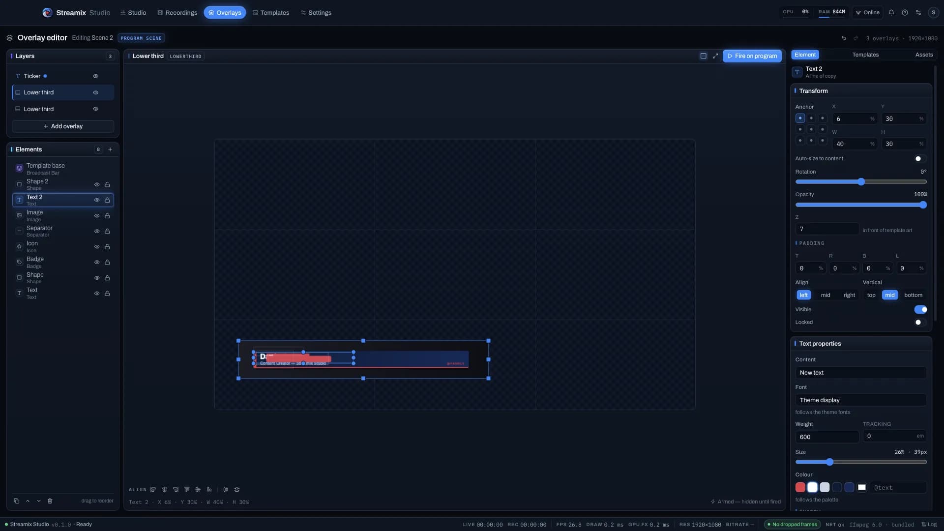 Lower third overlay elements in Streamix Studio