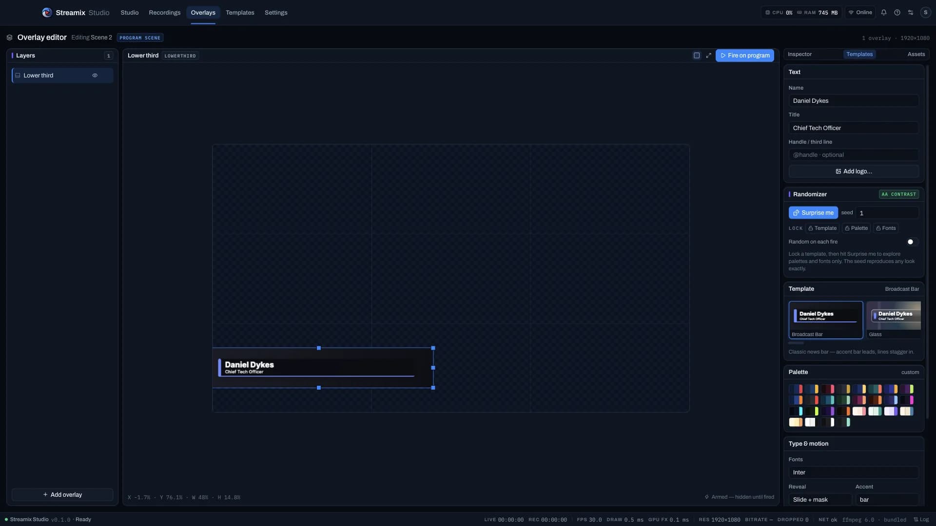Streamix Studio overlay editor with lower third on canvas