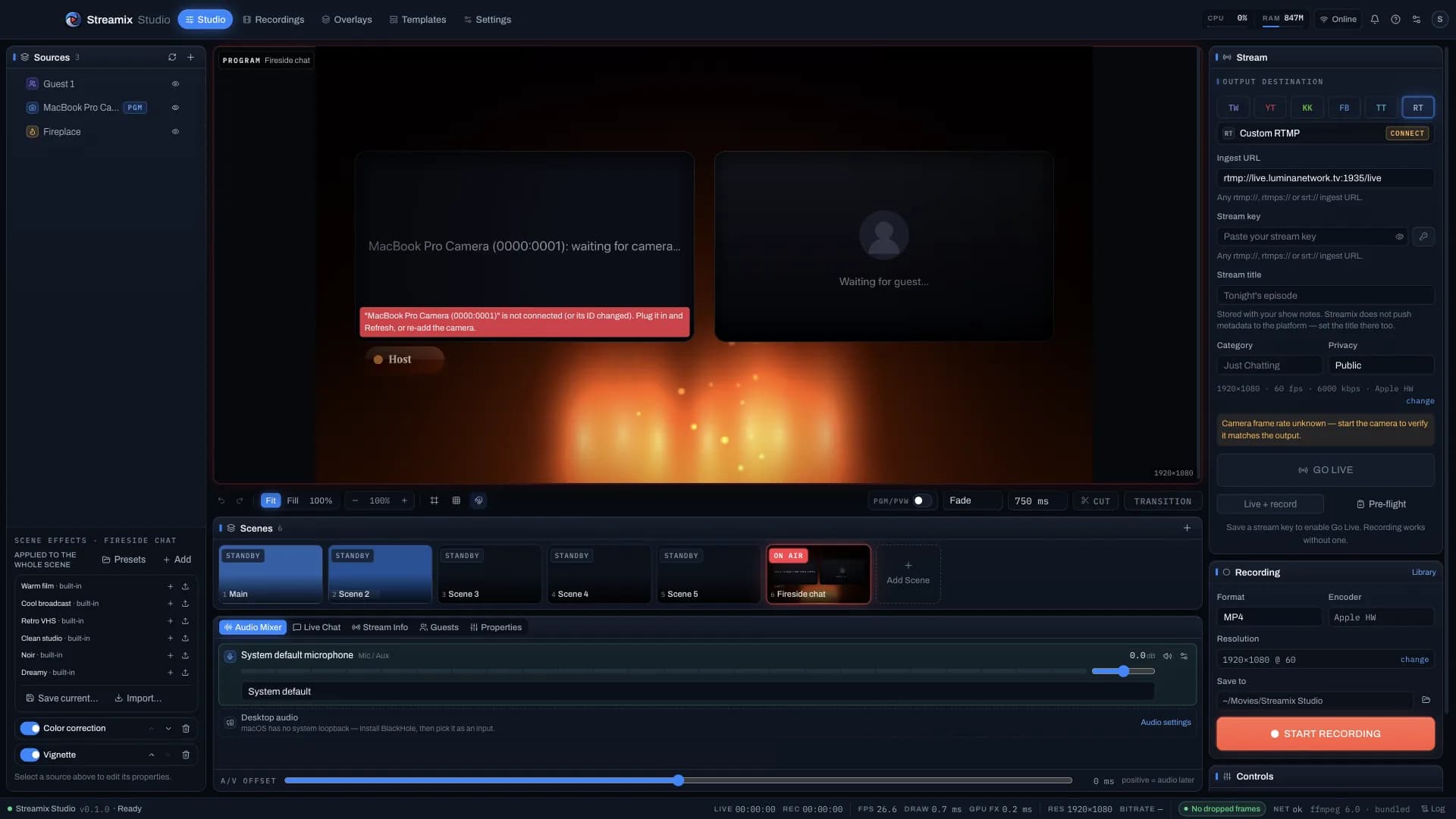 Streamix Studio program view with fireside layout